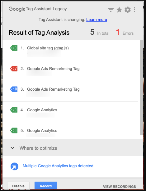 Google Tag Assistant muestra 6 etiquetas con IDs privados