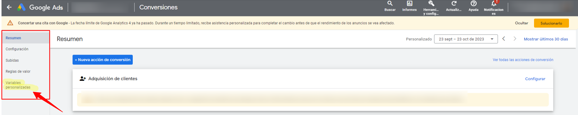 variables personalizadas de conversiones en Google Ads