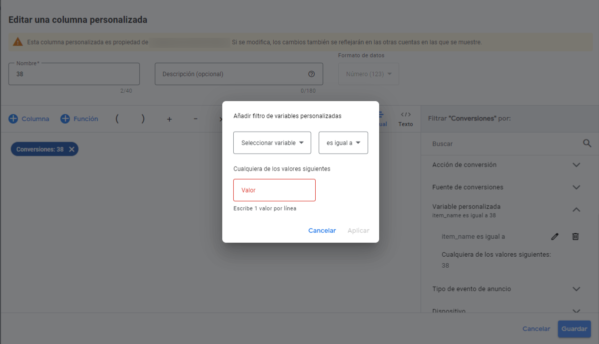 variables personalizadas de conversiones en Google Ads