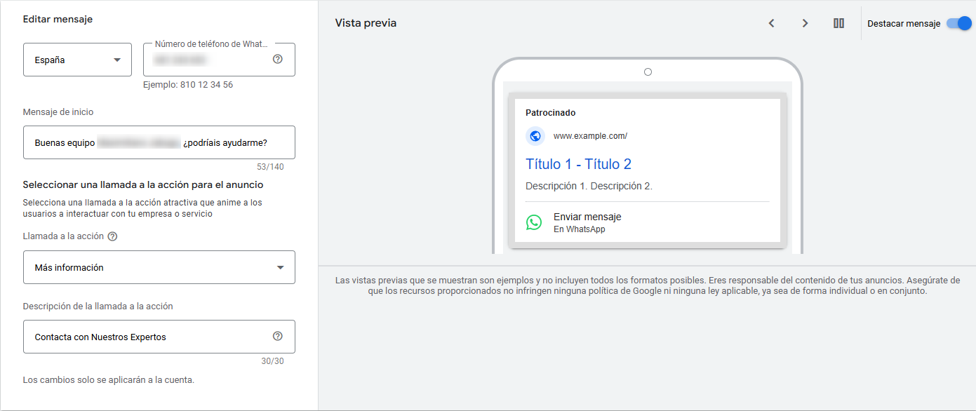 recursos de mensaje en google ads