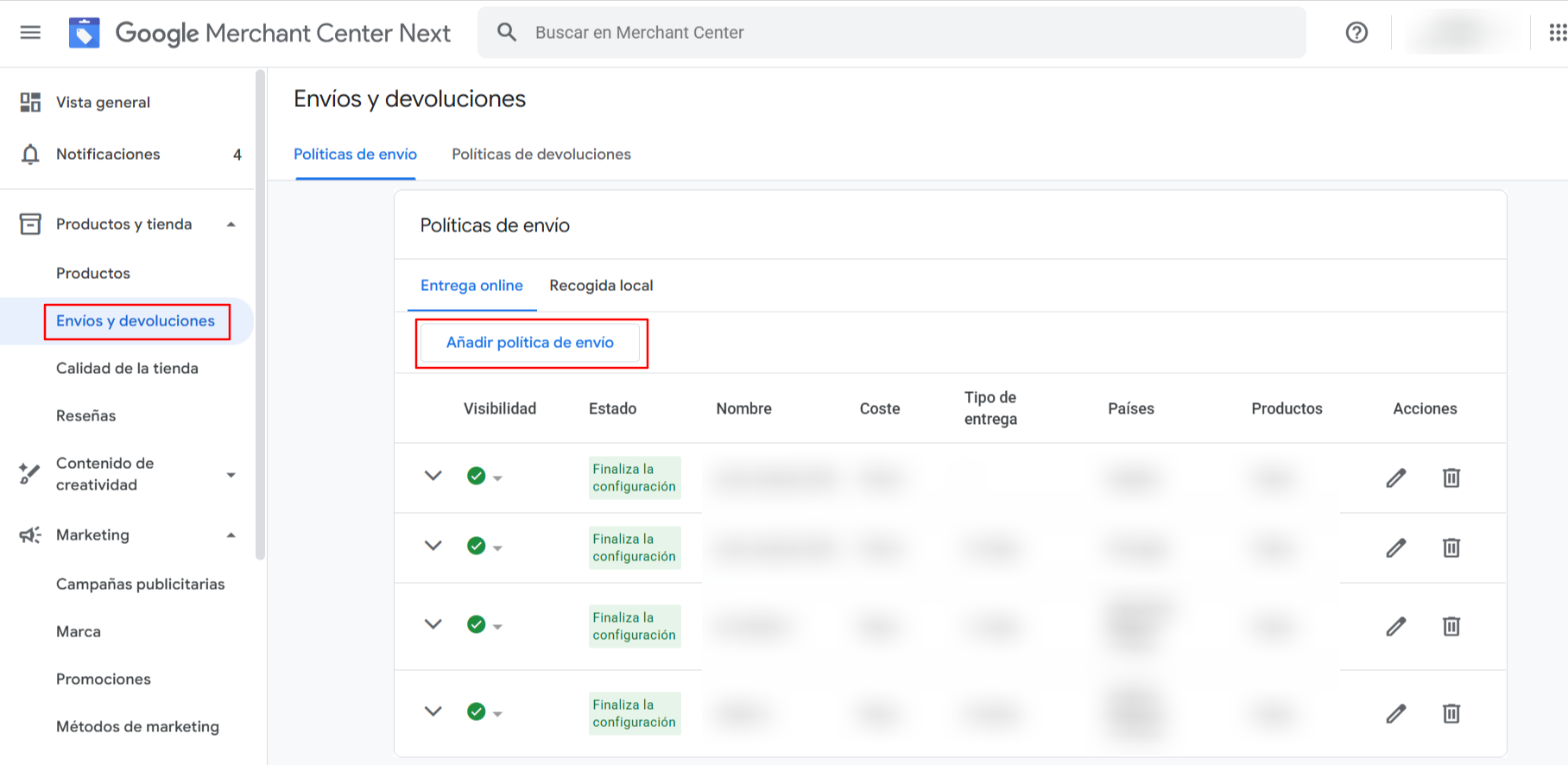 configurar envíos en Merchant Center