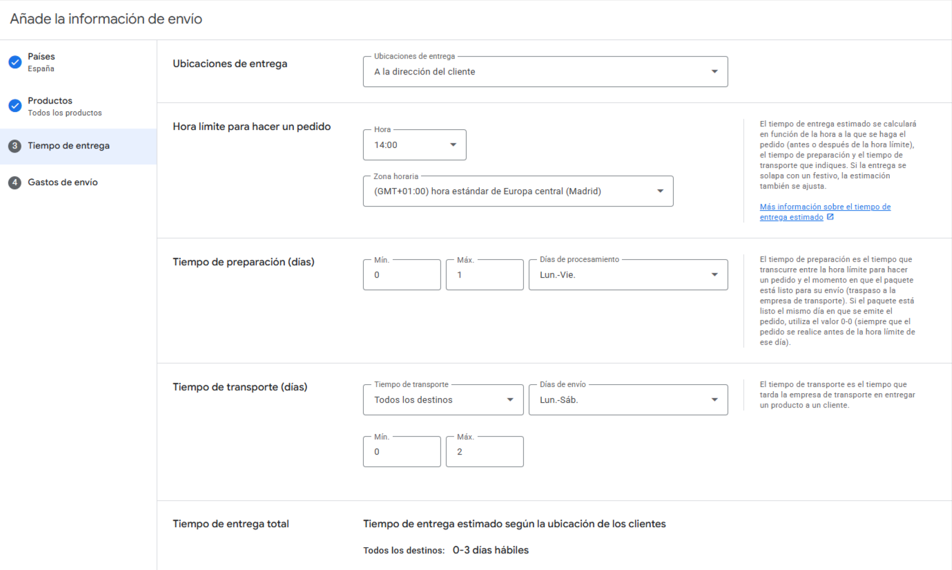configurar envíos en Merchant Center