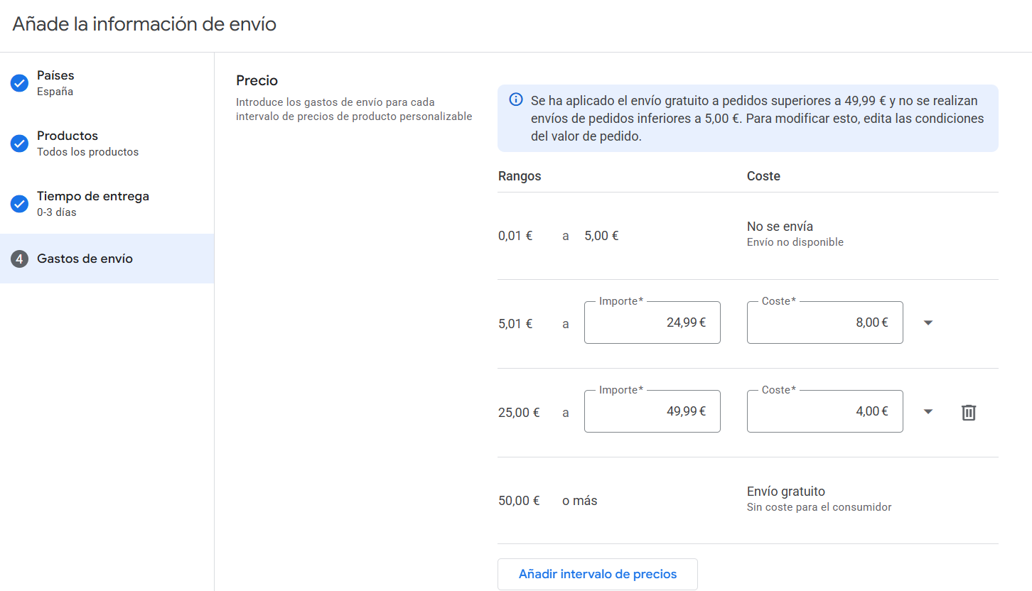 configurar envíos en Merchant Center