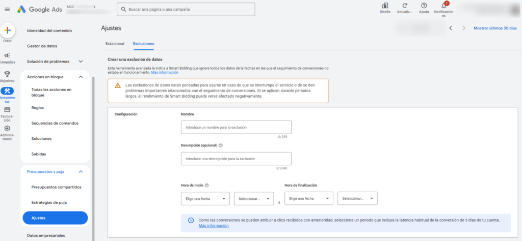 Exclusión de datos en Google Ads
