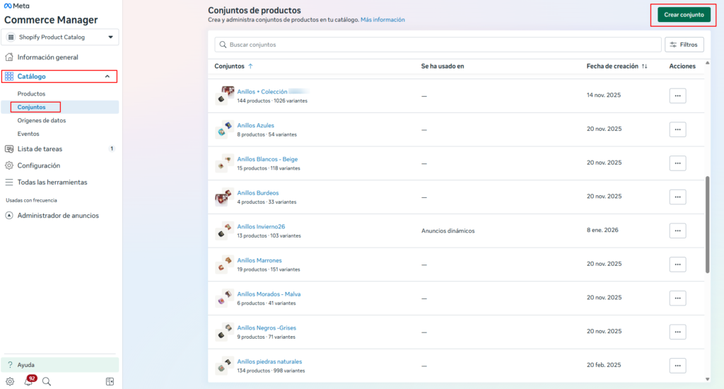 Conjuntos de productos en Meta